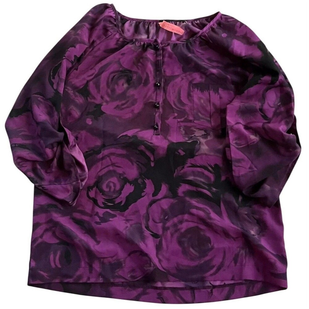 Eight Sixty Bold Floral‎ Purple Blouse Small Y2K Roll Tab 3/4 Sleeve Bloomcore